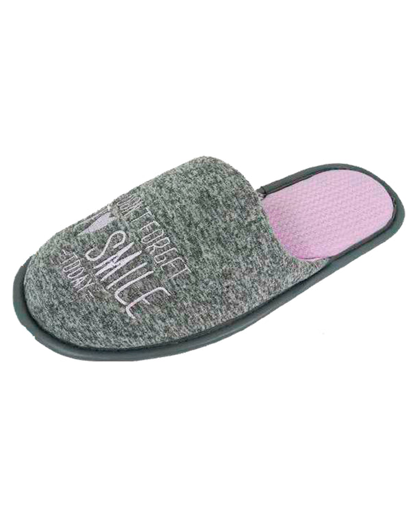Pantufla para mujer gris con lila Don't forget to smile today
