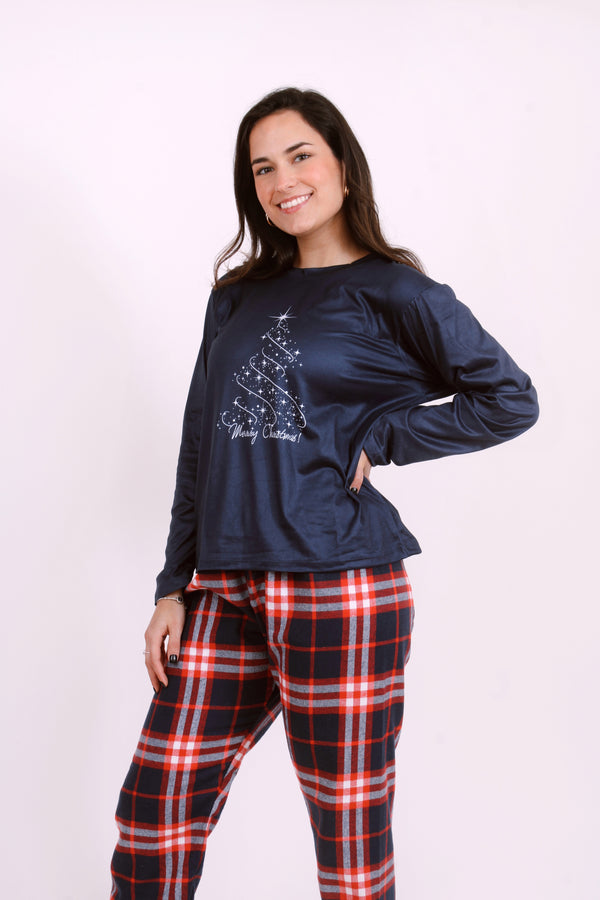 Pijama Navideña de cuadros y pino Merry Christmas para Dama